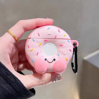 1 pieza Funda protectora de silicona suave con diseño de rosquilla de dibujos animados rosada y creativa compatible con Apple 1/2/3/Pro/Pro 2da generación, con un mosquetón