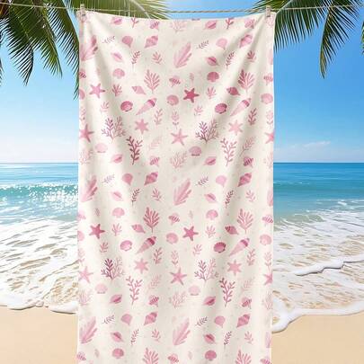 1条印花沙滩巾，粉色贝壳图案泳装浴巾，时尚沙滩巾，超强吸水浴巾，适用于浴室、游泳、健身、瑜伽，柔软舒适的超细纤维毛巾，轻便易携，防风防晒，防沙，适合夏季旅行、度假、浴室装饰，可选带或不带收纳袋，推荐常规尺寸和大号尺寸（小号毛巾尺寸为35*75厘米，建议150厘米及以上）。