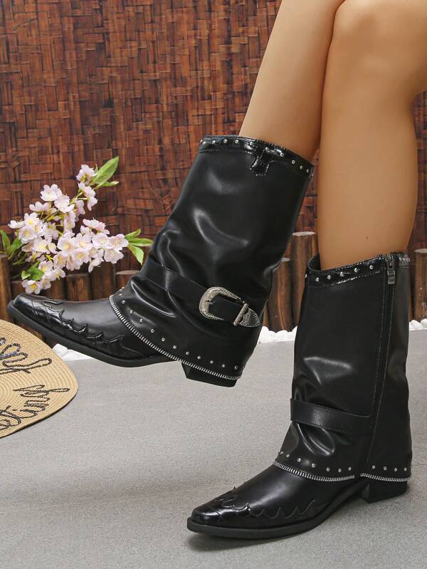 1 Pair Women's Fashionable And Comfortable Western-Style Boots. The Embroidered Pattern On The Boot Shaft Adds A Sophisticated Touch. The Shoe Design Is Comfortable With Ample Toe Room, Delicate Texture And Good Breathability. The Chunky Heel Design Provides Stable Wear, And The Unique V-Shaped Vamp And Inclined Heel Design Both Flatter The Leg And Add Dynamic Movement When Walking.