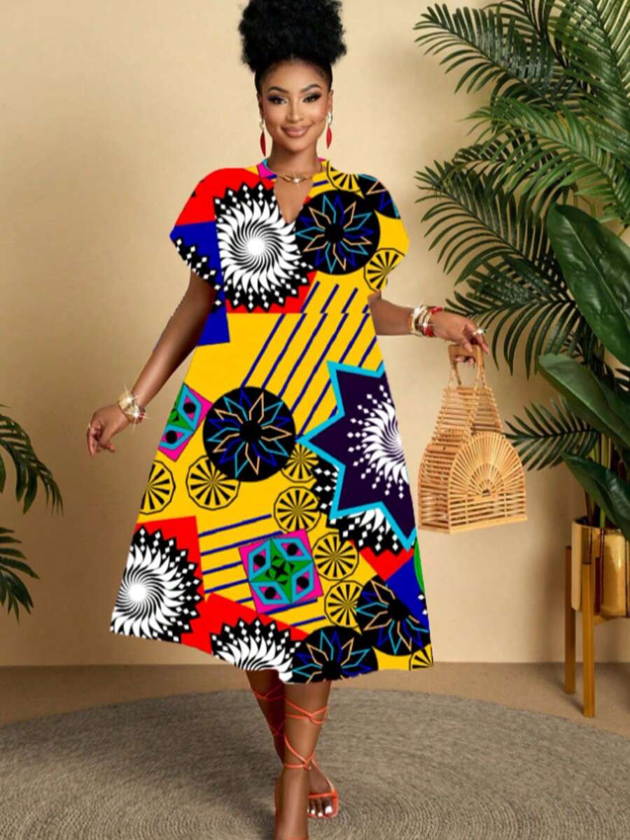 Summer Plus Plus Plus Size Women's Daily Leisure And Comfortable Vacation Geometric Print Small Stand Collar V-Neck Ruffle Sleeves Short Sleeved H-Shaped Loose Medium Long Dress (Random Pattern) - Multicolor - View 1