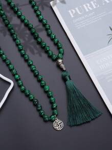 YAUKIA Collier long à gland de 8 mm, collier de perles de malachite bohème, collier de perles vertes mala, méditation, yoga, bijoux de prière pour femmes et hommes