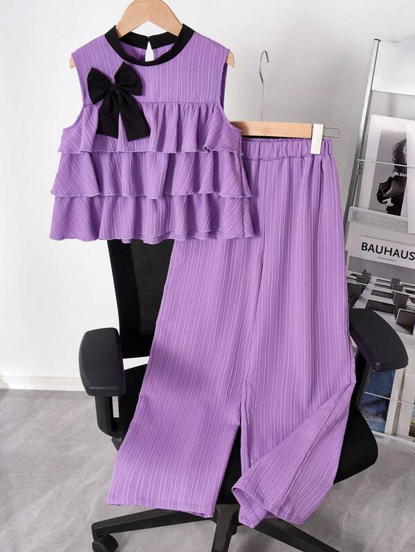 Set de 2 piezas de camisola y pantalones largos con estampado de pastel para niñas preadolescentes, de verano