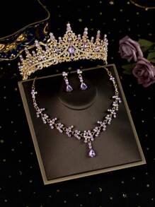 4pcs/Set Girls Children Rhinestone Alloy Crown Necklace Earrings Jewelry Set, Holiday Decoration Accessories, Suitable For Performing, Birthday Party, Suitable For Older Kids And Toddlers