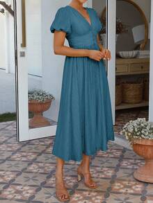 Gaun Wanita PoPoHouse Warna Polos Elegan Leher V Lengan Mengembang, Cocok untuk Pakaian Liburan, Musim Semi/Panas - Baby Blue - View 6
