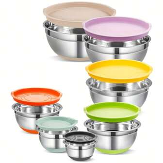 7 قطع مجموعة أوعية خلط من الفولاذ المقاوم للصدأ مع قاع مطاطي مانع للانزلاق وأغطية (ألوان متنوعة) - أوعية خلط معدنية قوية، سعة كبيرة لتحضير الأطعمة، تصميم متراص موفر للمساحة، آمنة للغسل في غسالة الأطباق