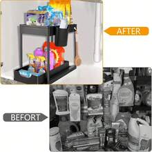 HOUSHELIF 2pcs Black Under Sink Storage Rack And Organizer, 2-Tier Sliding Cabinet Basket Storage Rack With Hooks, Rust-Proof Storage Rack, Suitable For Bathroom, Kitchen And Office Narrow Spaces. - Black 2pack/set - View 4
