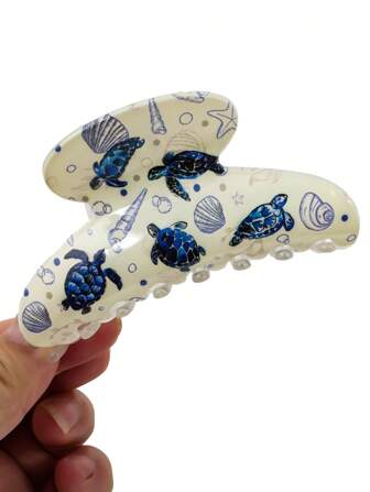 1pc Cute Turtle Printed Hair Claw - Non-Slip Hair Clip, Suitable For Women, Fit High Ponytail, Bun And Daily Use, Blue And White Animal Design Hair Accessory, Ponytail Hairstyle, Lively Pattern, Comfortable Wear, Casual Fashion Hair Accessories Animal Claw Clips