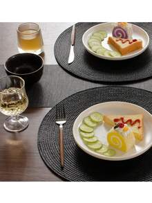 圓形編織餐墊,4/6入組編織可清洗防滑餐墊15英寸,適用於家庭聚會、婚禮派對（黑色）
