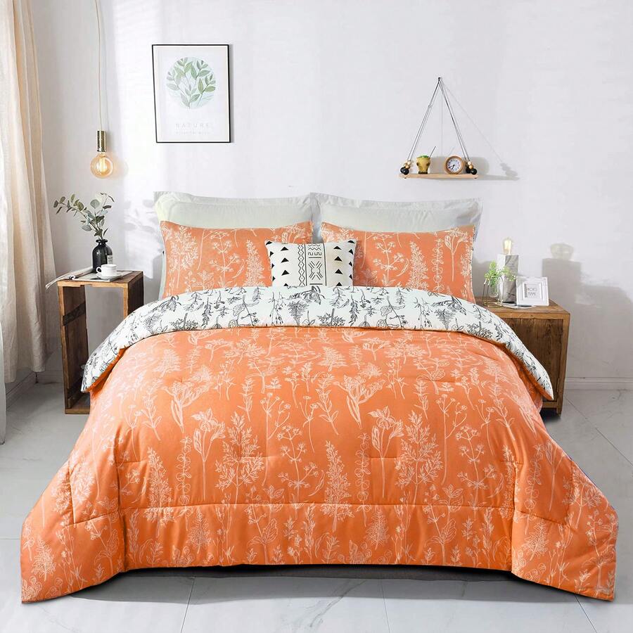 3 Pieces Orange Reversible Comforter Set Double Queen King Size,  Bed In A Bag Comforter Set, Soft Lightweight Bedding Set (1 Comforter, 2 Pillowcases),Wedding Items,Valentines Day Home Bed Room Decor,Easter Ramadan Gifts, All Season - 橘色 - 查看 1