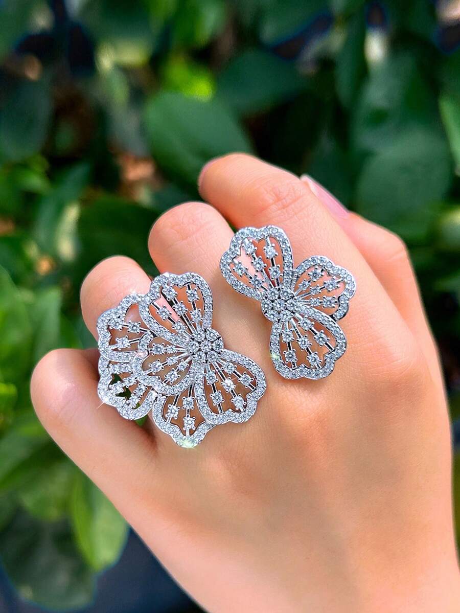 1pc Adjustable Size Attractive Flower Shaped Luxury Big Chunky Cubic Zirconia Wedding Bridal Party Ring For Women, Unique Statement Pageant Jewelry Accessory