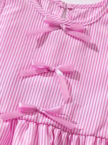 2 Piezas Conjunto de Fiesta y Verano: Parte superior con cuello redondo a rayas, volantes y lazo + Pantalones cortos a rayas con cordón y decoración de mariposa, adecuado para uso en exteriores - Rosa - Ver 5