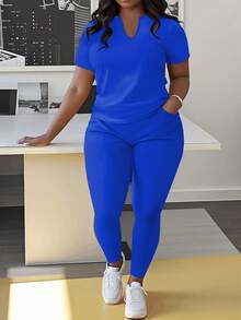 Conjunto deportivo informal de talla grande para primavera, verano y otoño, conjunto de top deportivo de cuello redondo de manga corta con colores contrastantes y pantalón deportivo de bolsillo de unicolor, ropa deportiva de talla grande para mujeres - Azul - Ver 3