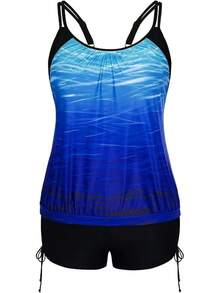Womens Plus Size Striped Printed Strappy Tankini Top With Shorts Two Pieces Swimsuit - Blue Ripples - View 1