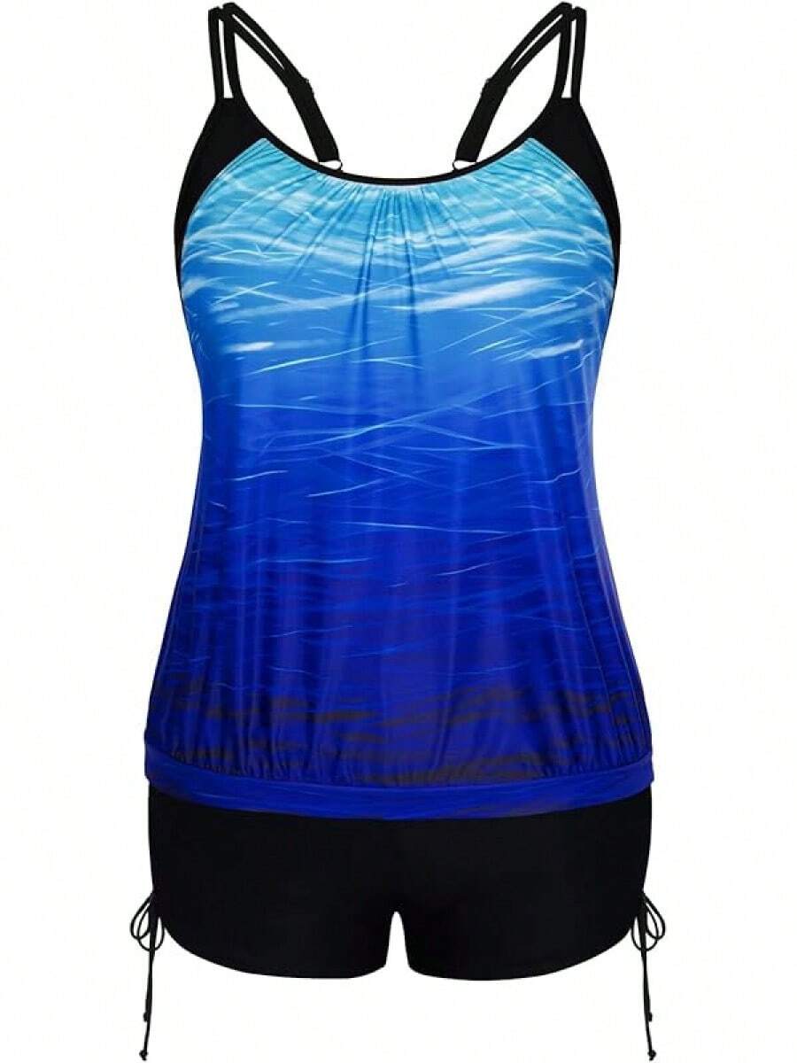 Womens Plus Size Striped Printed Strappy Tankini Top With Shorts Two Pieces Swimsuit - Blue Ripples - View 1