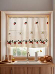 1 pieza Cortina de café con bordado de fresa, cortina de café con bordado de fresa en estilo minimalista fresco con ojal, cortina de ventana de cocina, cortina de café, cortina divisoria, apta para gabinete de cocina, ventana de bahía, cortina de puerta, decoración del hogar