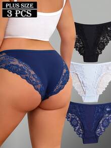 3件套浪漫风格舒适大码女式撞色蕾丝棉质内裤 - 彩色 - 查看 2