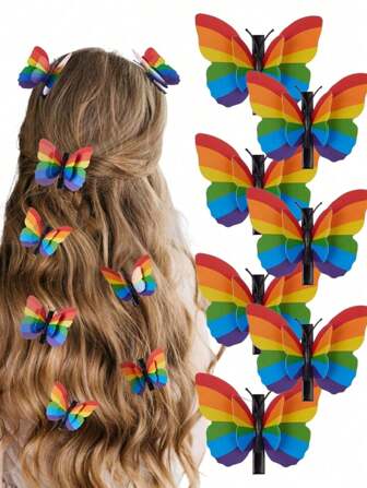 6pcs Rainbow Butterfly Hair Clips, Suitable For Pride Parade, Pride Rainbow Accessories, Butterfly With Foldable Wings, Celebration Hair Accessory Set For Women And Girls, Polyester ,Flat Claw Clip, Hair Slide, Hair Claws