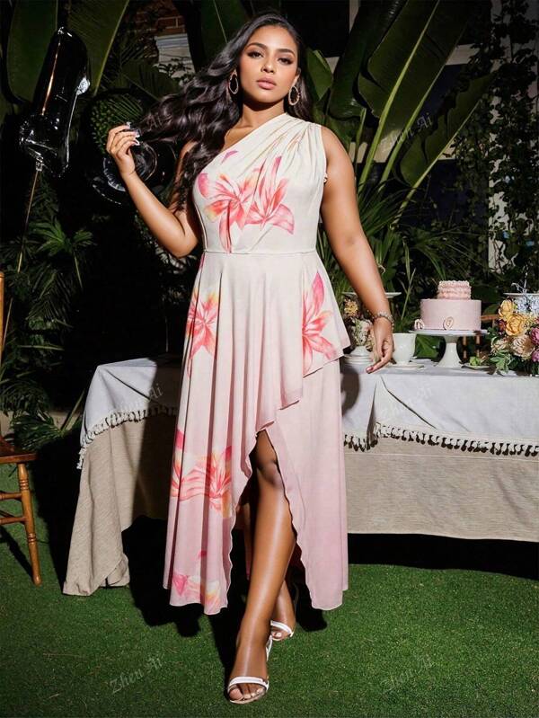 Plus Size Women Floral Print Sleeveless Shoulder Dress, Vacation Wear