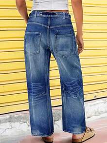 Plus Size Women Wide Leg Jeans With Drawstring And Large Pockets - Rửa tối - Xem 2
