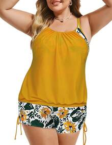 Womens Plus Size Striped Printed Strappy Tankini Top With Shorts Two Pieces Swimsuit - Yellow - View 2