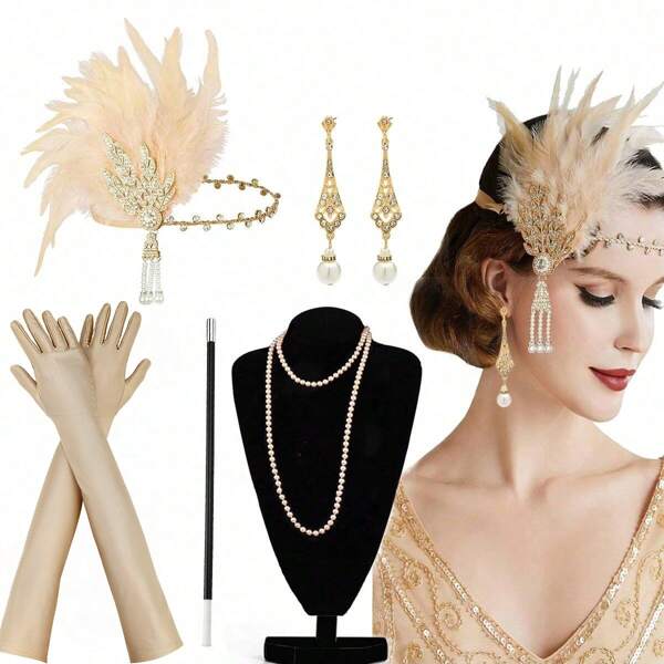 Set de 7 piezas de disfraz vintage elegante de los años 20 para mujer con tocado de vedette, aretes, guantes, brazalete y 5 piezas para fiesta y baile de promoción