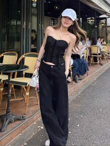 女式水洗阔腿裤，宽松休闲时尚百搭高腰飘逸垂坠长裤 - 黑色 - 查看 8