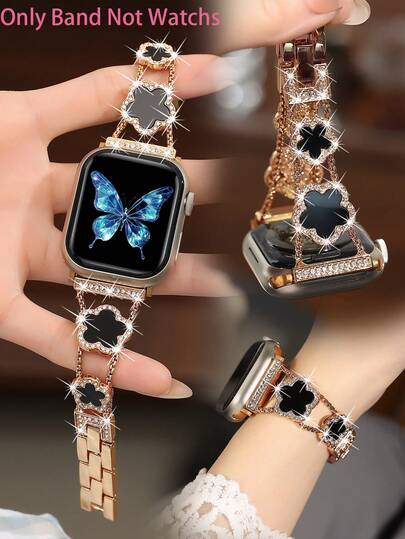 1条兼容苹果手表的表带，女士黑色四叶草钻石金铜表带，夏季花卉金属手链，兼容苹果手表 Ultra 系列 3/2/1/SE/11/10/9/8/7/6/5/4/3/2/1，尺寸 38/40/41/42/44/45/46/49 毫米，复古时尚高级配饰