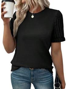 Women's Short Sleeve Summer Tops Crewneck Knit Solid Loose Casual Basic Shirts Tee Blouses - 粉色 - 查看 2