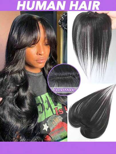 优雅女士假发带刘海真人发直发全覆盖，适合稀疏头发优雅手工假发带刘海假发全覆盖钩针自然发际线隐形无缝集成轻质透气假发贴片适合所有人