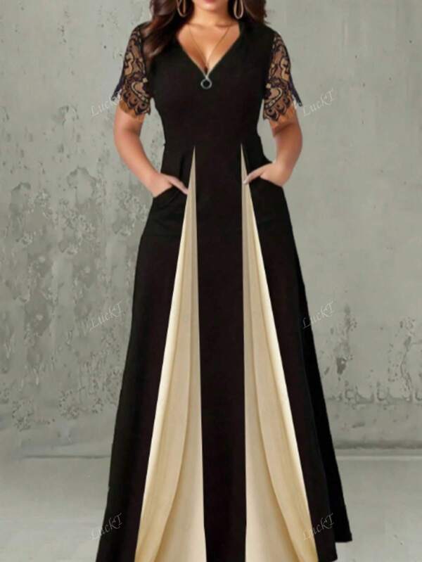 Vestido maxi de bloque de color con bolsillo, cremallera, parche de unicolor y mangas con flecos de encaje