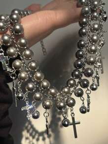 1 pièce Collier vintage élégant en métal multicolore avec croix et perles grises fausses, convient pour les rendez-vous, les fêtes, les dîners et le port quotidien