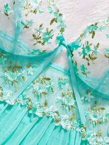 Women Solid Color Mesh Lace Splice See-Through Sexy Camisole Nightgown, Rave - Mint Green - View 4