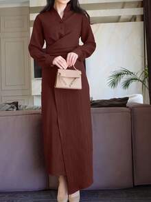 Damen distinktives Hemd Outfit, modisches Design Kragen Einreiher einfarbiges Hemd-Top & eleganter einfarbiger Rock Set, elegantes, lässiges Knopfdekor - Bordeaux - Übersicht 5