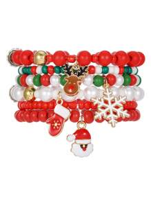 6pcs/Set Fashionable Christmas Bracelets With Pearl, Resin, Cubic Zirconia, Stainless Steel Deer, Christmas Tree, Snowflake, Snowman Charms, Handmade Beaded Bracelets Set For Women, Daily Wear, Holiday Party, Gift