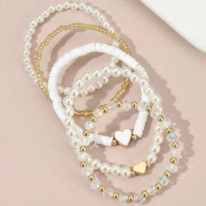 5pcs/Set Lovely Heart Pearl Beaded Bracelet Set For Girls, Suitable For Daily, Party Jewelry, Holiday Gift