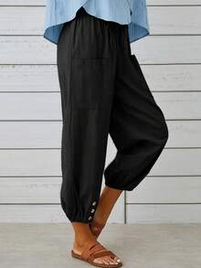 新款宽松高腰纽扣亚麻七分阔腿裤女欧美风 - 黑色2 - 查看 3