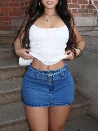 Falda vaquera de línea A con cinturón azul para mujer, de ajuste ceñido, para verano