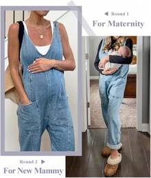 Women's Denim Overall Jumpsuits Sleeveless V Neck Adjustable Straps Jeans Long Pants Rompers