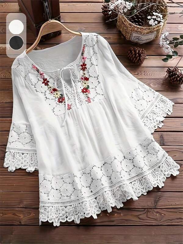 Tops Plus Size Leisure Holiday Embroidered Applique Decorated Contrast Lace Blouse ,Fall Clothes For Women,Valentine Shirts