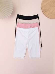 4 pares de bermudas para niñas de talla media-grande con decoración de encaje y lunares, hechas de material de seda de hielo ligero y transpirable para el verano, versátiles para usar como ropa exterior o interior