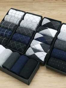 10 Pairs Assorted Men's Socks, Polyester Knitted Fabric With Geometric Pattern, Business & Casual Mid-Calf Socks With Polka Dot Design, Random Color (Without Gift Box) - Multicolor - View 2