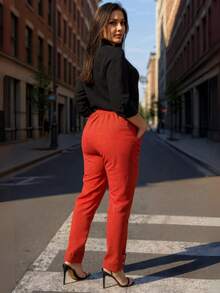 Women's Tailored Linen Trousers, High Waist With Belt, Tie Band And Elastic Waistband - Đỏ - Xem 4