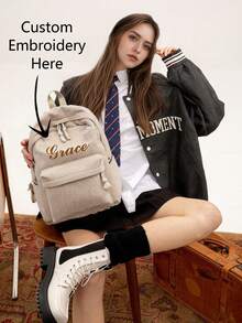 Personalized Corduroy Backpack | Personalized Backpack With Name | Collegiate Style | Children Backpack | Teenage Backpack | Customizable | Corduroy | Back To School | Gift,Christmas Gift Supplies ,Travel Organizer - Corduroy Preppy Backpack - View 5