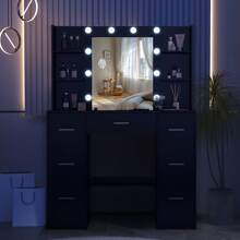 Large Vanity Desk With Lighted Mirror & Drawer Dressing Table LED Lights - Black Dressing Table Set With Drawers And Open Shelves
