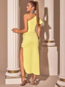 Elisanya Gaun Pesta Midi Berkerut Asimetris ADYCE, Gaun Formal Elegan dengan Belahan Pinggang Tinggi, Warna Krem Kuning, Gaun Pesta Koktail, Gaun untuk Tamu Pernikahan, Acara Kencan Malam - Kuning - View 2