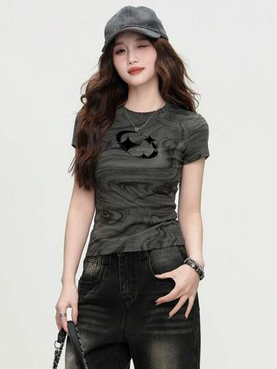 Women's Fashion Black Star Ring Printed American Style Versatile Spring Knit T-Shirt