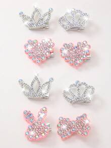 111pcs/Set Pink Rhinestone Rabbit Crown, Heart, Bow Hair Clips, Cute Girl's Elastic Hair Ties, Durable & Non-Damaging, Suitable For Daily Use - Multicolor - View 4