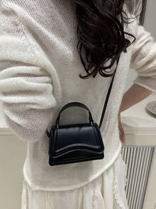 Mini Women Handbag, Lightweight Portable Hand-Held Mini Tote, 2025 Summer New Flap Plain Color Crossbody Bag - Black - View 4