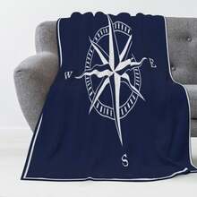[柔软法兰绒毯] 柔软、轻盈的航海罗盘玫瑰法兰绒毯，四季涤纶，白色缝线设计 - 适合家庭、办公室或礼物 - 海军蓝和白色舒适毯子