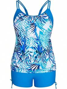 Womens Plus Size Striped Printed Strappy Tankini Top With Shorts Two Pieces Swimsuit - Blue - View 1